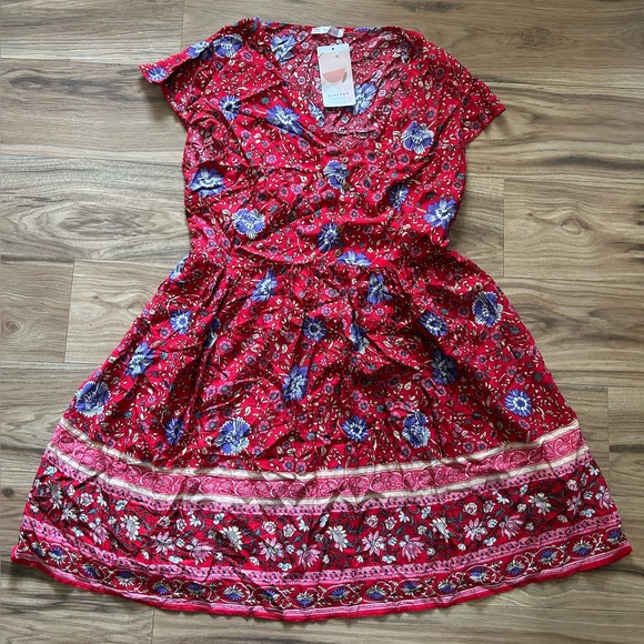 kirundo Dresses & Skirts - KIRUNDO Red FLORAL Skater Dress Women's L BOHO Flutter Sleeve Hippie NEW Fairy